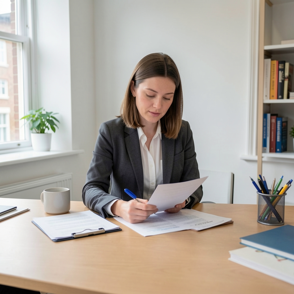 Qualified nutritionist seated at a desk reviewing intake documentation and meal composition notes in a minimalist London office with natural light