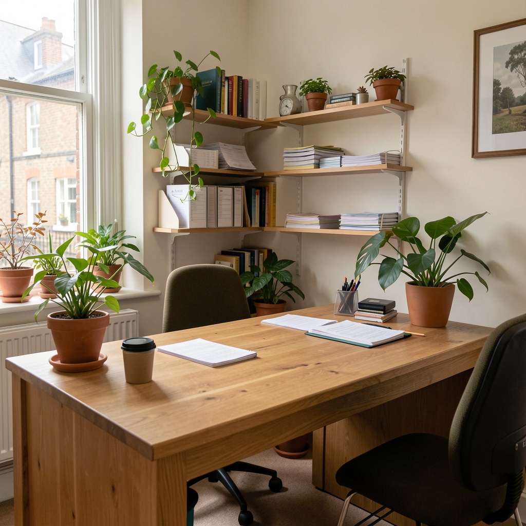 Interior of a quiet nutritionist consultation room in London with a wooden desk, natural plants, and intake documentation folders on shelves