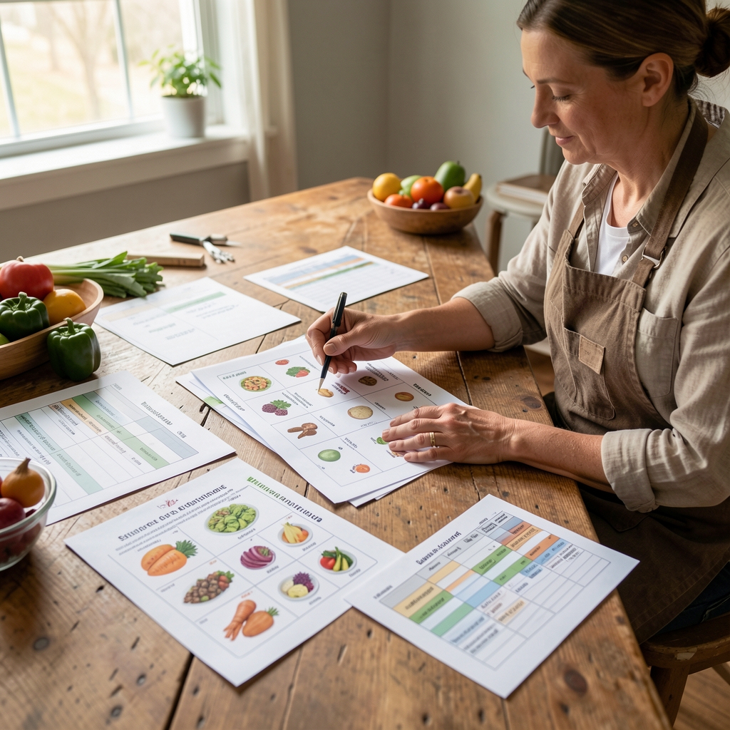 Nutrition professional reviewing printed meal composition charts and seasonal produce intake logs spread across a large wooden work table