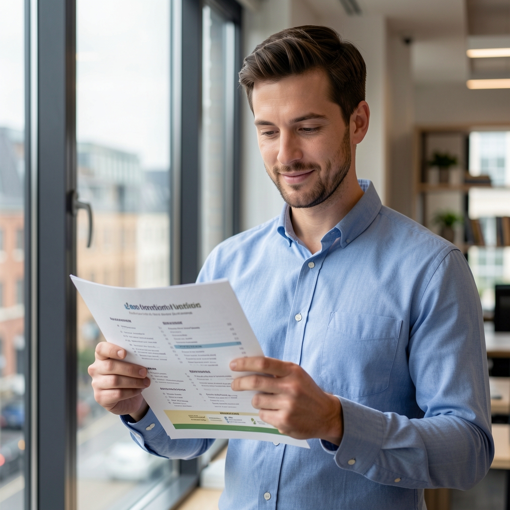 Professional portrait of a male nutritionist standing by a window in a modern London office, reviewing a printed seasonal menu document