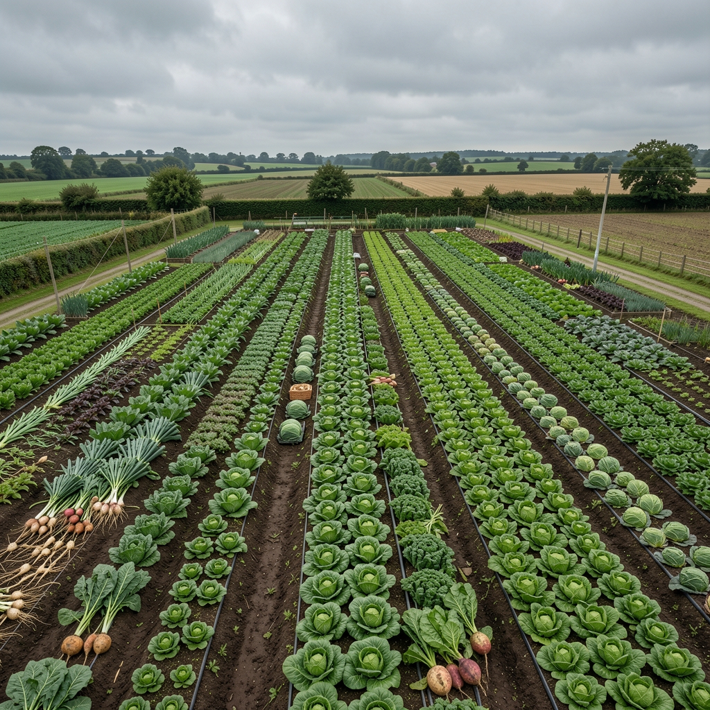 Wide aerial photograph of an English market garden with neat rows of leafy green vegetables and root crops ready for harvest under an overcast sky