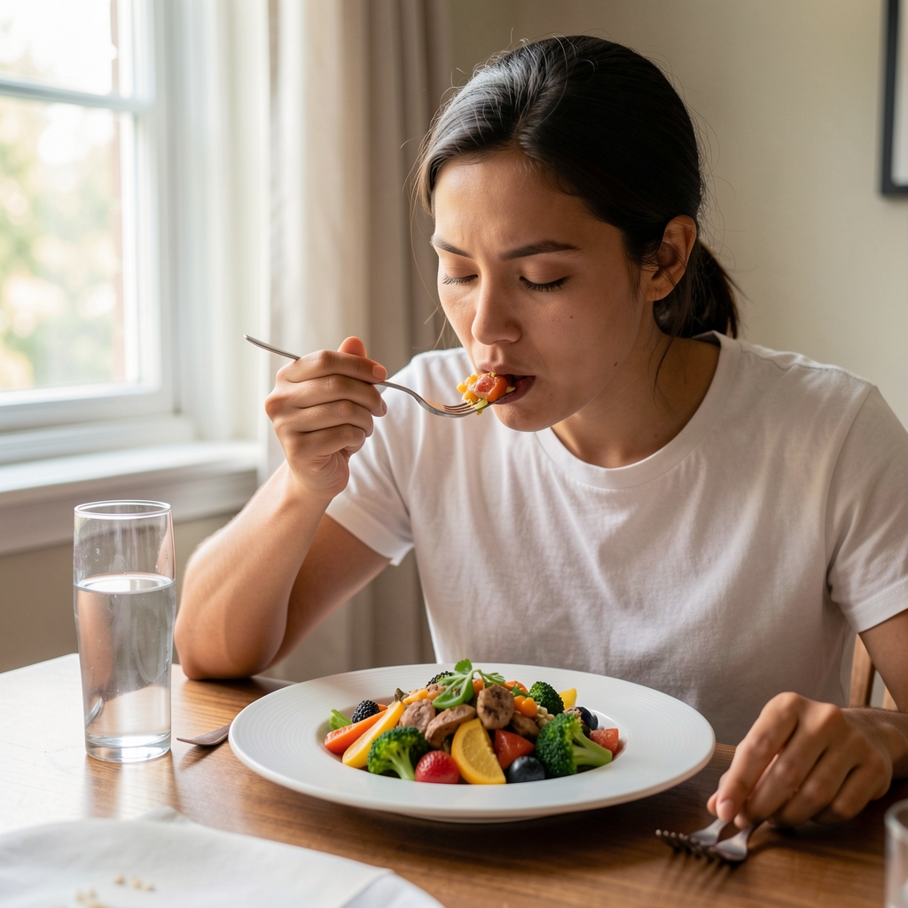 Person eating slowly and mindfully at a set dining table with a single portion of colourful whole food meal, natural light through a window